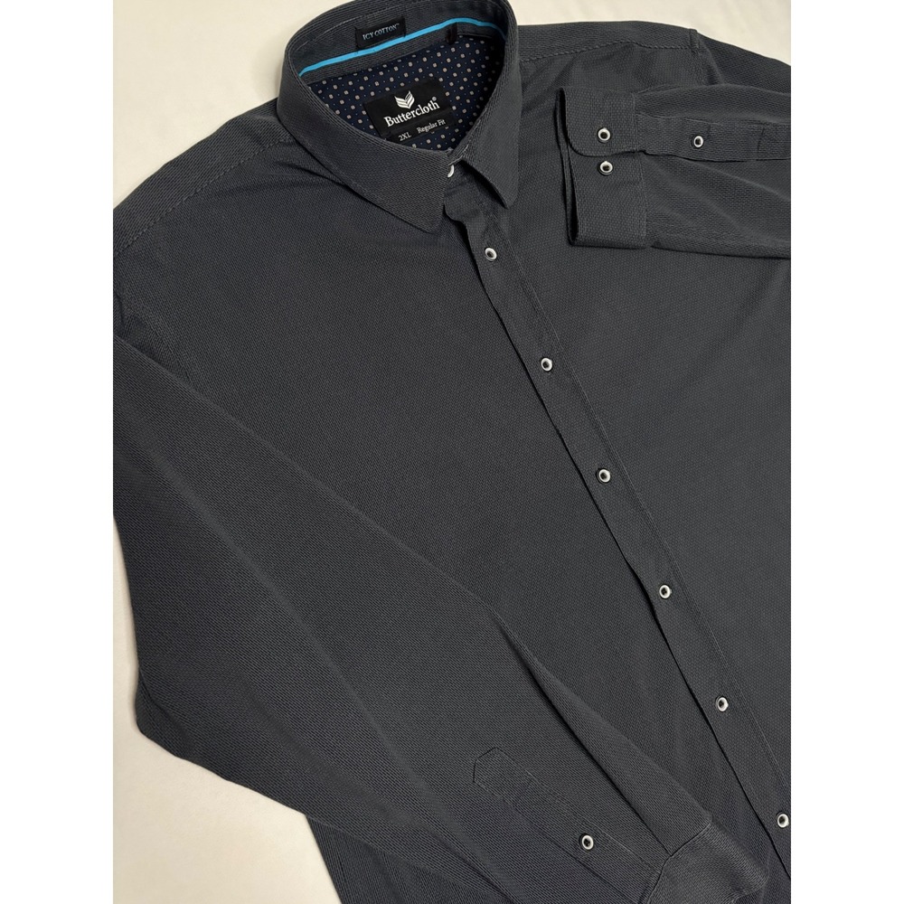 Buttercloth Icy Cotton Shirt Mens 2XL Gray Textured Knit Regular Fit Button Down